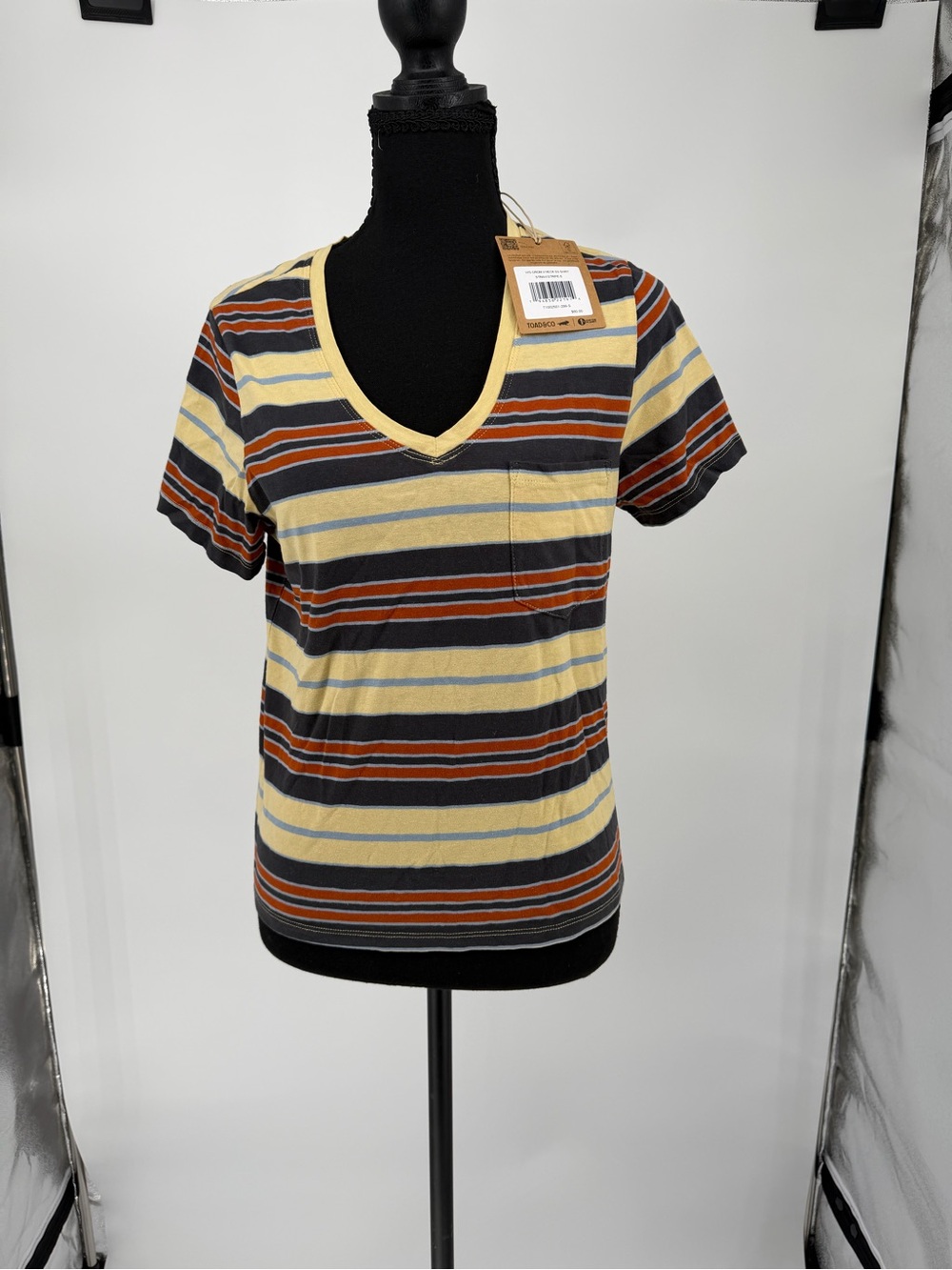 NWT Toad&Co Striped V-Neck Tee in Yellow, Black & Brown